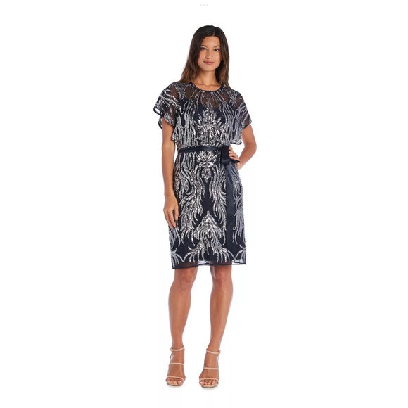 R&M Richards Embroidered Sequin Butterfly Sleeve Women Cocktail Sheath Dress 14 - Picture 1 of 3